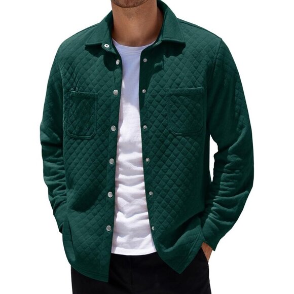 Mens Shacket Long Sleeve Shirt Jacket with Pockets Dark Blue Quilted Overshirt